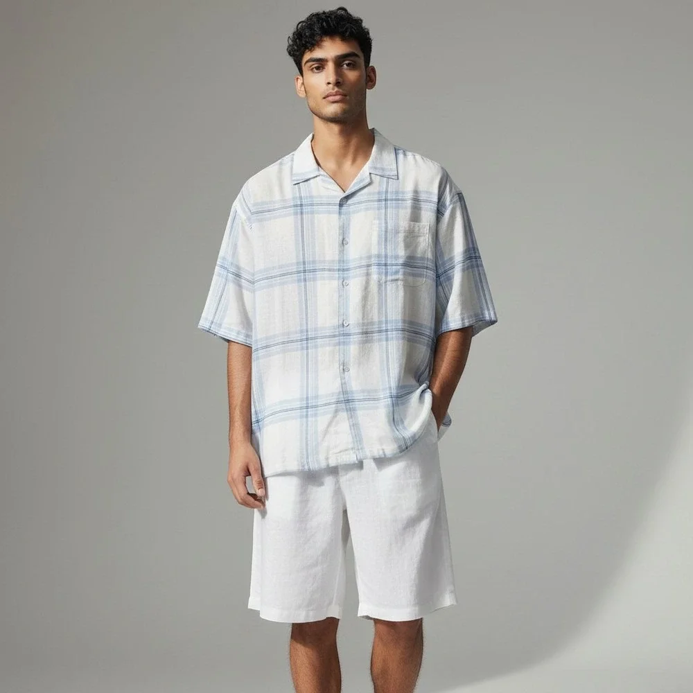 Godbody Mens 2 Piece Linen Short Set 2XL White Blue Plaid Short Sleeve Shirt Set